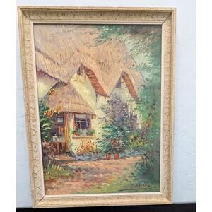 Antique French Oil Painting Thatched Roof Cottage Signed Framed 13.5 X 17.5